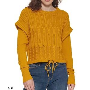 DKNY Jeans Crew Neck Drawstring Hem Cropped Cable Knit Sweater Orange Women’s L